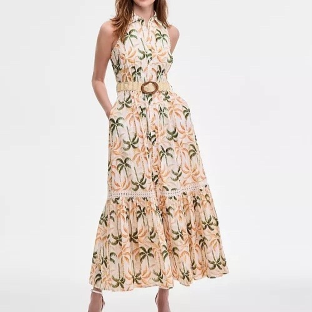 Taylor Printed Taffeta Belt Sleeveless Palm Tree A Line Maxi Dress Womens Size 4